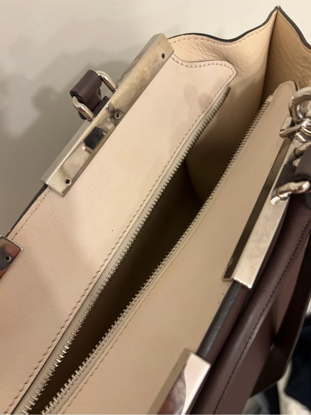 **FENDI** 3Jours LARGE Brown Colorblock Leather Top-Handle Bag with Red Accent